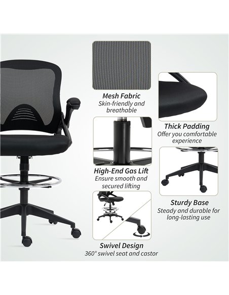Vinsetto Drafting Chair with Flip-up Armrest, Mesh Office Stool with Foot Ring, 360° Swivel Height Adjustable Chair for Standing - pic 150628 | FastDaddyshop