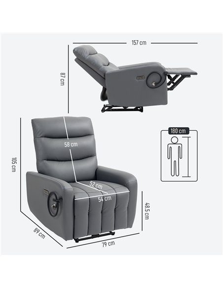 HOMCOM Electric Recliner Armchair with USB + Type C Charge Port, Phone Holder, PU Leather Reclining Chair with Adjustable Leg Re - pic 150750 | FastDaddyshop