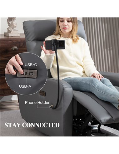HOMCOM Electric Recliner Armchair with USB + Type C Charge Port, Phone Holder, PU Leather Reclining Chair with Adjustable Leg Re