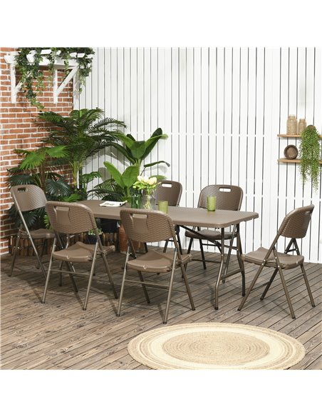 Outsunny Patio 7 PCs Resin Rattan Dining Set with Foldable Chairs and Table, Dark Brown - pic 15080 | FastDaddyshop