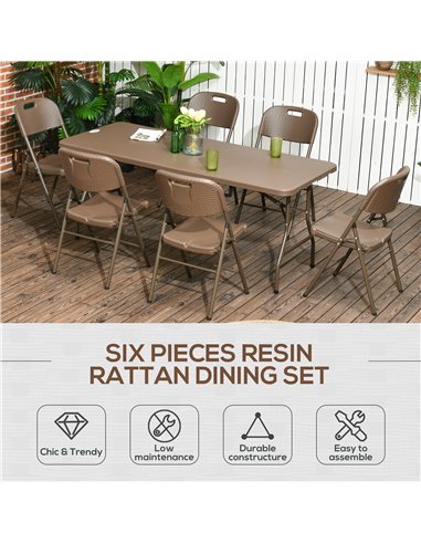 Outsunny Patio 7 PCs Resin Rattan Dining Set with Foldable Chairs and Table, Dark Brown