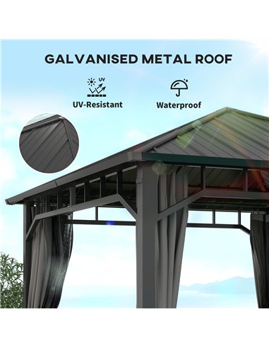 Outsunny 3 x 3(m) Hardtop Gazebo with Galvanised Steel Roof and Water Gutter, Waterproof Permanent Pavilion Garden Gazebo with N