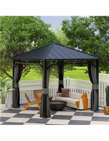 Outsunny 3 x 3(m) Hardtop Gazebo with Galvanised Steel Roof and Water Gutter, Waterproof Permanent Pavilion Garden Gazebo with N