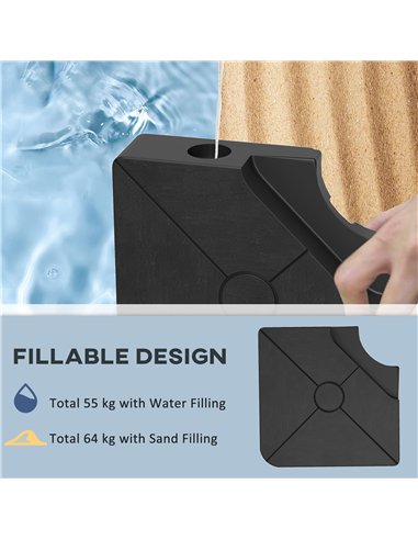 Outsunny Umbrella Weights for Cantilever Parasols, Set of 4 Heavy Duty Parasol Base Weights, 64kg Sand or 55kg Water Filled, Bla