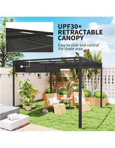 Outsunny 3 x 3m Aluminium Pergola, with Retractable Roof and Wall - Dark Grey