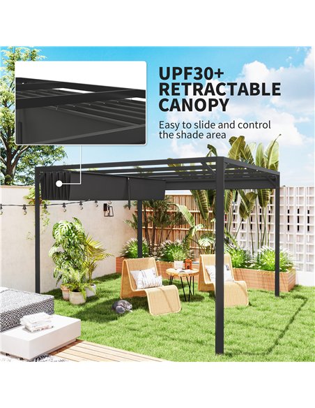 Outsunny 3 x 3m Aluminium Pergola, with Retractable Roof and Wall - Dark Grey - pic 150922 | FastDaddyshop