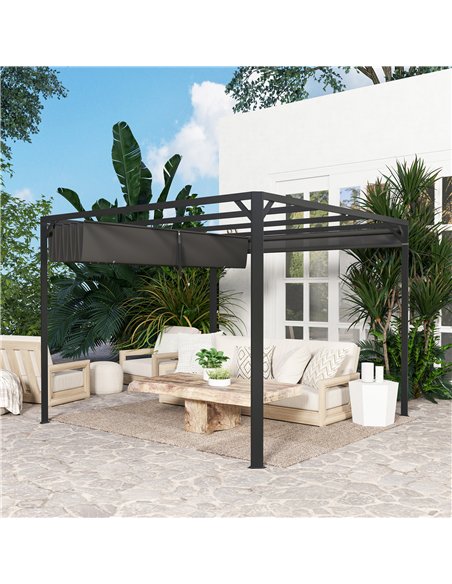 Outsunny 3 x 3m Aluminium Pergola, with Retractable Roof and Wall - Dark Grey - pic 150927 | FastDaddyshop