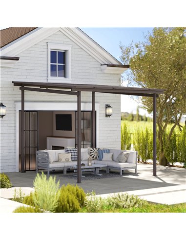 Outsunny 3 x 3(m) Garden Pergola with Waterproof Metal Roof, Lean to Pergola Hardtop Gazebo, Wind-resistant Outdoor Sun Shade, E