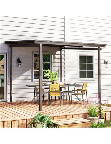 Outsunny 3 x 3(m) Garden Pergola with Waterproof Metal Roof, Lean to Pergola Hardtop Gazebo, Wind-resistant Outdoor Sun Shade, E