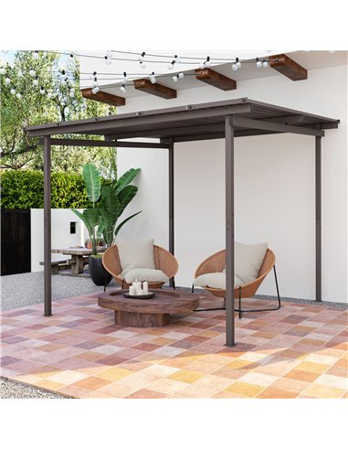 Outsunny 3 x 3(m) Garden Pergola with Waterproof Metal Roof, Lean to Pergola Hardtop Gazebo, Wind-resistant Outdoor Sun Shade, E