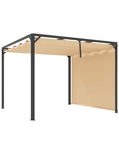 Outsunny 3 x 3m Aluminium Pergola, with Retractable Roof and Wall - Khaki