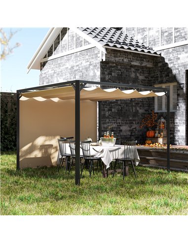 Outsunny 3 x 3m Aluminium Pergola, with Retractable Roof and Wall - Khaki
