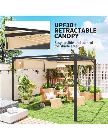 Outsunny 3 x 3m Aluminium Pergola, with Retractable Roof and Wall - Khaki
