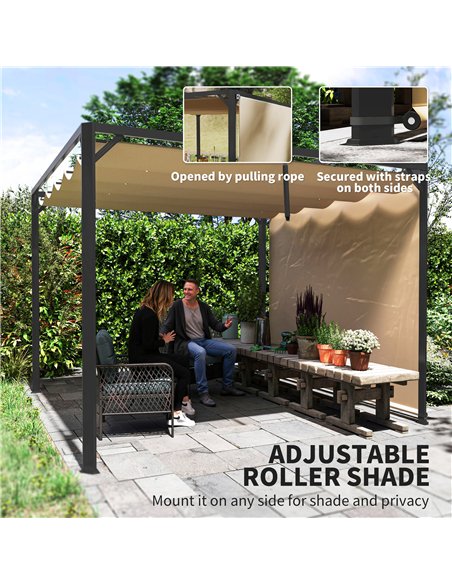 Outsunny 3 x 3m Aluminium Pergola, with Retractable Roof and Wall - Khaki - pic 150941 | FastDaddyshop