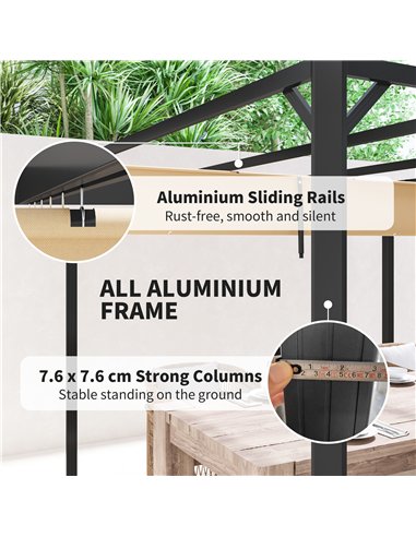 Outsunny 3 x 3m Aluminium Pergola, with Retractable Roof and Wall - Khaki