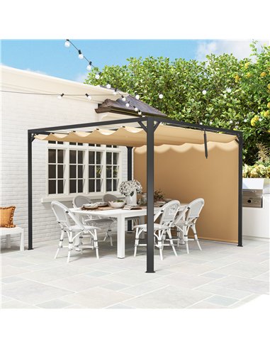Outsunny 3 x 3m Aluminium Pergola, with Retractable Roof and Wall - Khaki