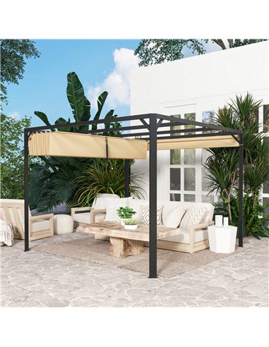 Outsunny 3 x 3m Aluminium Pergola, with Retractable Roof and Wall - Khaki
