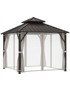 Outsunny 3 x 3(m) Hardtop Gazebo Canopy with Double Metal Roof, Waterproof Permanent Pavilion Garden Gazebo with Netting and Cur