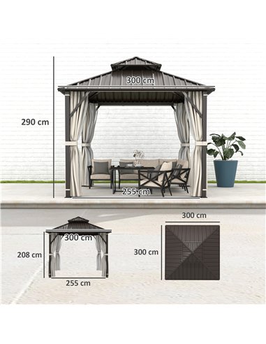 Outsunny 3 x 3(m) Hardtop Gazebo Canopy with Double Metal Roof, Waterproof Permanent Pavilion Garden Gazebo with Netting and Cur