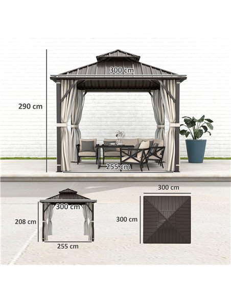 Outsunny 3 x 3(m) Hardtop Gazebo Canopy with Double Metal Roof, Waterproof Permanent Pavilion Garden Gazebo with Netting and Cur - pic 150948 | FastDaddyshop