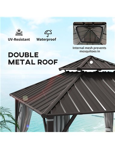 Outsunny 3 x 3(m) Hardtop Gazebo Canopy with Double Metal Roof, Waterproof Permanent Pavilion Garden Gazebo with Netting and Cur