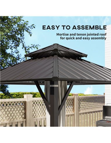 Outsunny 3 x 3(m) Hardtop Gazebo Canopy with Double Metal Roof, Waterproof Permanent Pavilion Garden Gazebo with Netting and Cur