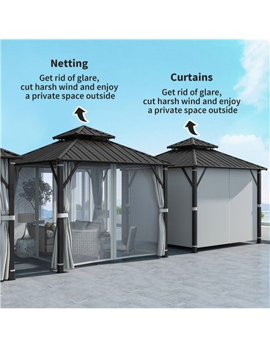 Outsunny 3 x 3(m) Hardtop Gazebo Canopy with Double Metal Roof, Waterproof Permanent Pavilion Garden Gazebo with Netting and Cur