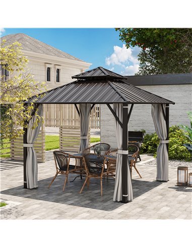 Outsunny 3 x 3(m) Hardtop Gazebo Canopy with Double Metal Roof, Waterproof Permanent Pavilion Garden Gazebo with Netting and Cur