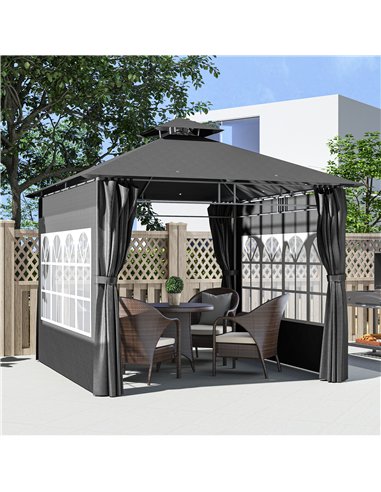 Outsunny 3 x 3 m Garden Gazebo, Double Roof Metal Gazebo with Removable Sidewalls and Church Windows, Outdoor Canopy Shelter, Da