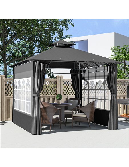 Outsunny 3 x 3 m Garden Gazebo, Double Roof Metal Gazebo with Removable Sidewalls and Church Windows, Outdoor Canopy Shelter, Da - pic 150956 | FastDaddyshop