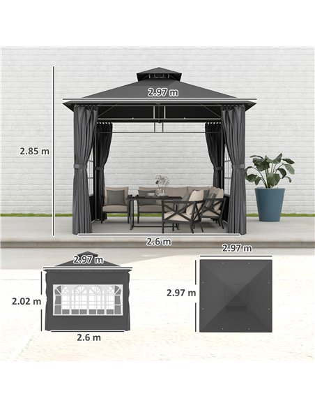 Outsunny 3 x 3 m Garden Gazebo, Double Roof Metal Gazebo with Removable Sidewalls and Church Windows, Outdoor Canopy Shelter, Da - pic 150957 | FastDaddyshop
