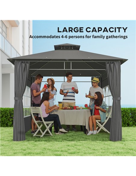 Outsunny 3 x 3 m Garden Gazebo, Double Roof Metal Gazebo with Removable Sidewalls and Church Windows, Outdoor Canopy Shelter, Da - pic 150958 | FastDaddyshop