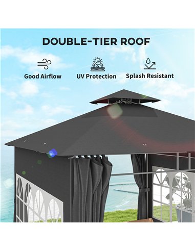 Outsunny 3 x 3 m Garden Gazebo, Double Roof Metal Gazebo with Removable Sidewalls and Church Windows, Outdoor Canopy Shelter, Da
