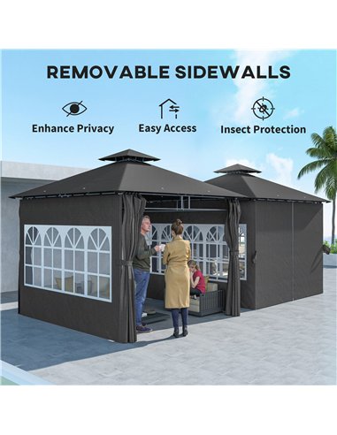 Outsunny 3 x 3 m Garden Gazebo, Double Roof Metal Gazebo with Removable Sidewalls and Church Windows, Outdoor Canopy Shelter, Da
