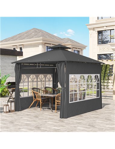 Outsunny 3 x 3 m Garden Gazebo, Double Roof Metal Gazebo with Removable Sidewalls and Church Windows, Outdoor Canopy Shelter, Da