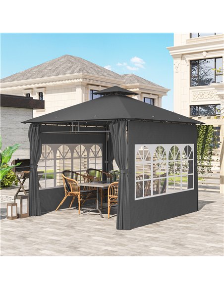 Outsunny 3 x 3 m Garden Gazebo, Double Roof Metal Gazebo with Removable Sidewalls and Church Windows, Outdoor Canopy Shelter, Da - pic 150963 | FastDaddyshop