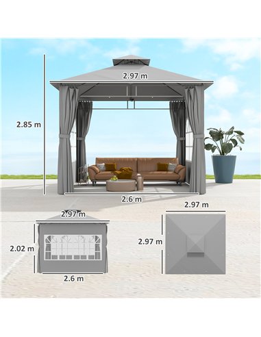 Outsunny 3 x 3 m Garden Gazebo, Double Roof Metal Gazebo with Removable Sidewalls and Church Windows, Outdoor Canopy Shelter, Li