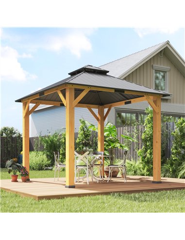 Outsunny 3x(3)M Outdoor Hardtop Gazebo Canopy with 2-Tier Roof and Solid Wood Frame, Outdoor Patio Shelter for Patio, Garden, Gr
