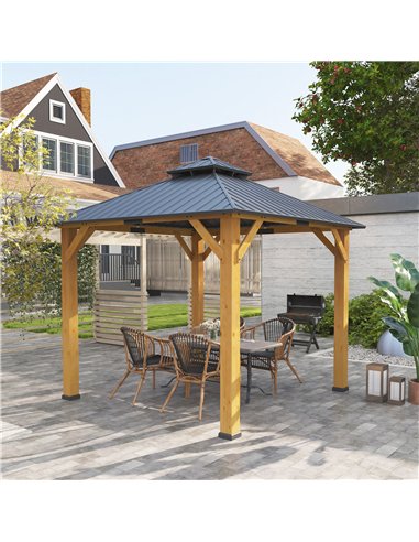 Outsunny 3x(3)M Outdoor Hardtop Gazebo Canopy with 2-Tier Roof and Solid Wood Frame, Outdoor Patio Shelter for Patio, Garden, Gr