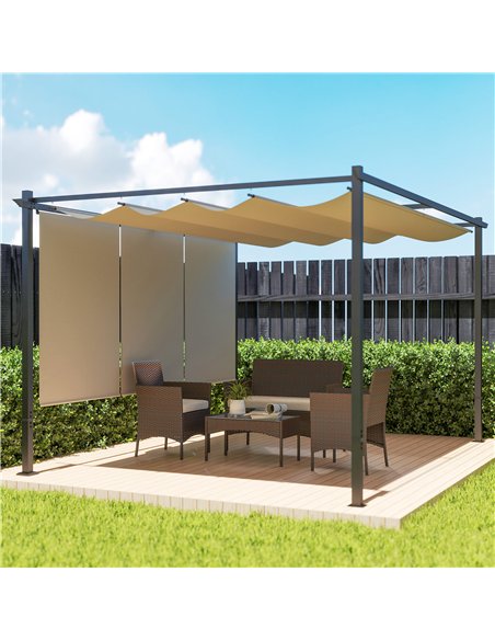 Outsunny 3 x 4m Metal Pergola with Retractable Roof and Roller Shade, Wall-Mounted or Free Standing Garden Gazebo Canopy Pergola - pic 151136 | FastDaddyshop
