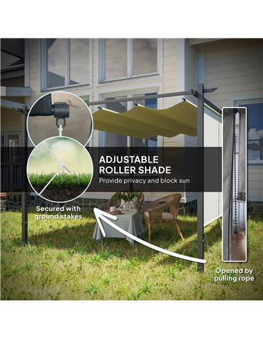 Outsunny 3 x 4m Metal Pergola with Retractable Roof and Roller Shade, Wall-Mounted or Free Standing Garden Gazebo Canopy Pergola