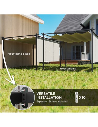 Outsunny 3 x 4m Metal Pergola with Retractable Roof and Roller Shade, Wall-Mounted or Free Standing Garden Gazebo Canopy Pergola