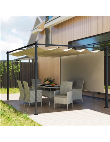 Outsunny 3 x 4m Metal Pergola with Retractable Roof and Roller Shade, Wall-Mounted or Free Standing Garden Gazebo Canopy Pergola