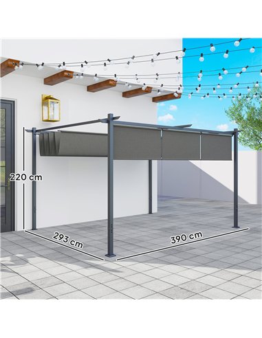 Outsunny 3 x 4m Metal Pergola with Retractable Roof and Roller Shade, Wall-Mounted or Free Standing Garden Gazebo Canopy Pergola