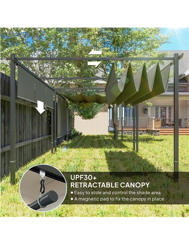 Outsunny 3 x 4m Metal Pergola with Retractable Roof and Roller Shade, Wall-Mounted or Free Standing Garden Gazebo Canopy Pergola