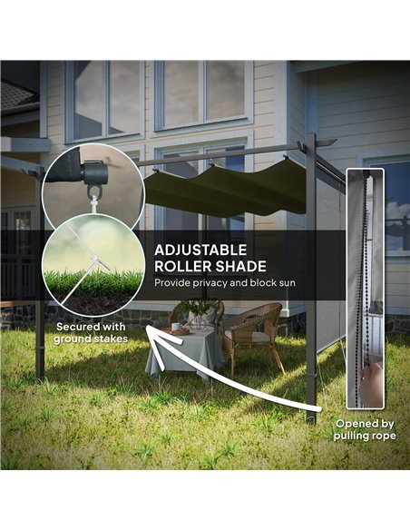 Outsunny 3 x 4m Metal Pergola with Retractable Roof and Roller Shade, Wall-Mounted or Free Standing Garden Gazebo Canopy Pergola - pic 151148 | FastDaddyshop