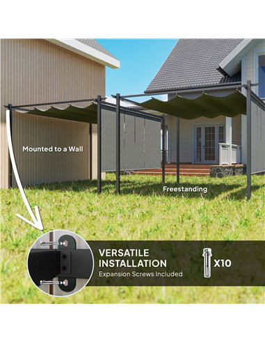 Outsunny 3 x 4m Metal Pergola with Retractable Roof and Roller Shade, Wall-Mounted or Free Standing Garden Gazebo Canopy Pergola
