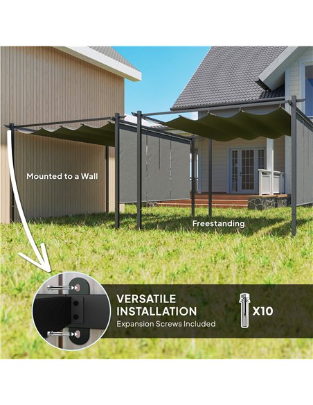 Outsunny 3 x 4m Metal Pergola with Retractable Roof and Roller Shade, Wall-Mounted or Free Standing Garden Gazebo Canopy Pergola - pic 151149 | FastDaddyshop