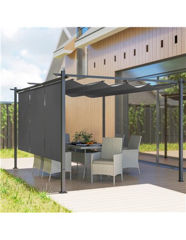 Outsunny 3 x 4m Metal Pergola with Retractable Roof and Roller Shade, Wall-Mounted or Free Standing Garden Gazebo Canopy Pergola