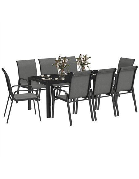 Outsunny 8 Seater Garden Dining Set with Stacking Chairs, Rectangular Tempered Glass Top, Garden Furniture Set, Outdoor Dining T - pic 151180 | FastDaddyshop